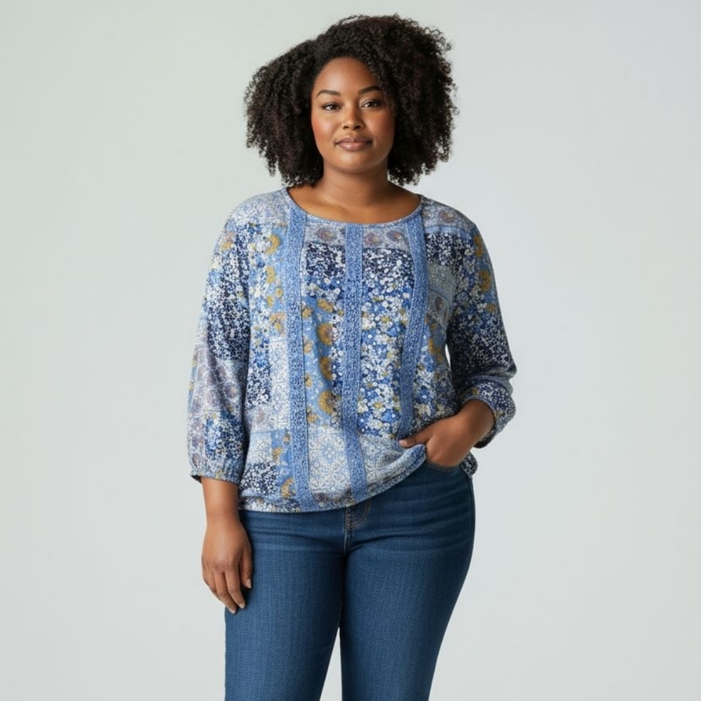 AUW Floral 3/4 Sleeve Blouse Top Size Large